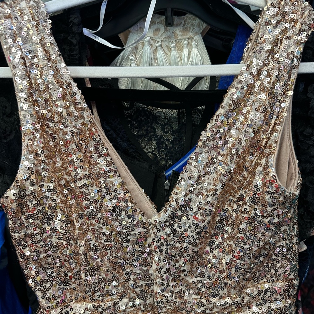 Badgley Mischka Blush sequins V neckline. Ruched waist glitzy and classic mini - Picture 11 of 16